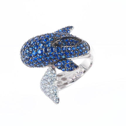 sz7 18k White Gold, Diamond, Ruby, Sapphire figural dolphin bypass ring