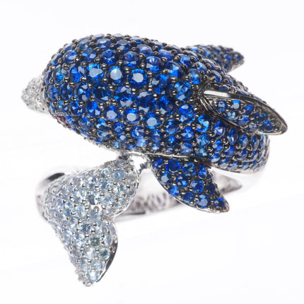 sz7 18k White Gold, Diamond, Ruby, Sapphire figural dolphin bypass ring