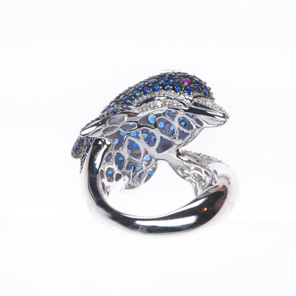 sz7 18k White Gold, Diamond, Ruby, Sapphire figural dolphin bypass ring