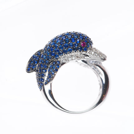 sz7 18k White Gold, Diamond, Ruby, Sapphire figural dolphin bypass ring