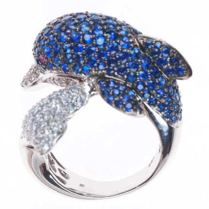 sz7 18k White Gold, Diamond, Ruby, Sapphire figural dolphin bypass ring