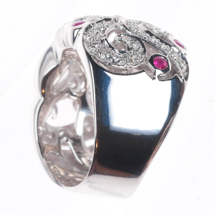 sz6 18k White Gold, Diamond, Ruby open scroll and lattice wide band ring