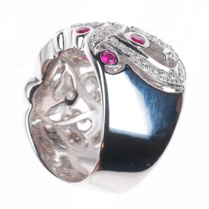 sz6 18k White Gold, Diamond, Ruby open scroll and lattice wide band ring