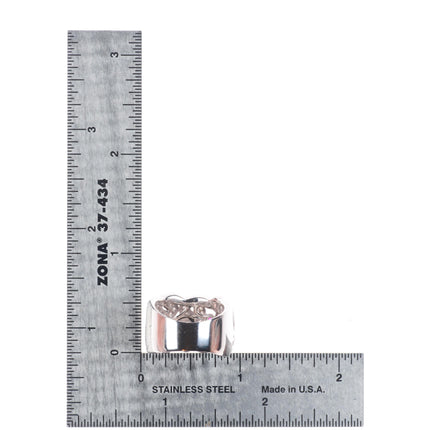 sz6 18k White Gold, Diamond, Ruby open scroll and lattice wide band ring