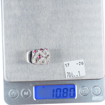 sz6 18k White Gold, Diamond, Ruby open scroll and lattice wide band ring