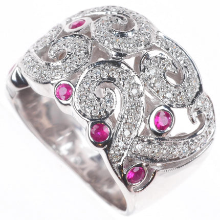 sz6 18k White Gold, Diamond, Ruby open scroll and lattice wide band ring