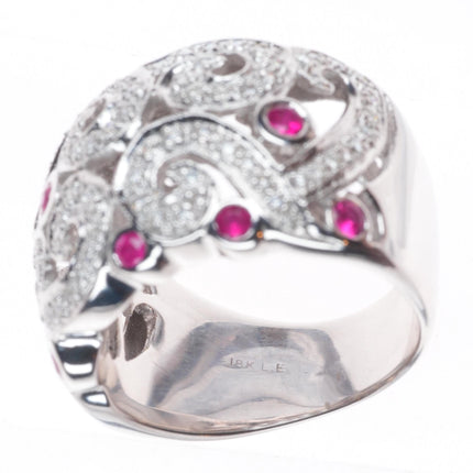 sz6 18k White Gold, Diamond, Ruby open scroll and lattice wide band ring