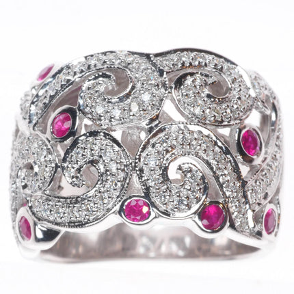 sz6 18k White Gold, Diamond, Ruby open scroll and lattice wide band ring