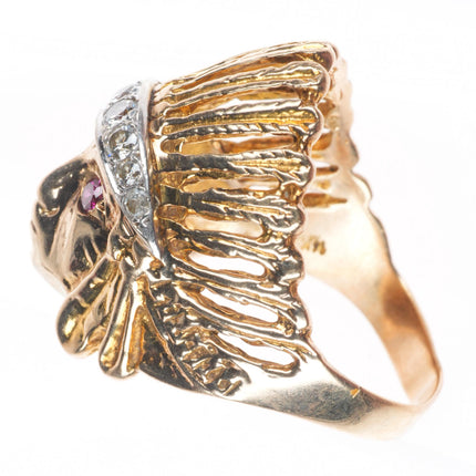 sz10 vintage 14k yellow gold diamond and ruby Indian Chief size 10 men's ring