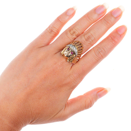 sz10 vintage 14k yellow gold diamond and ruby Indian Chief size 10 men's ring