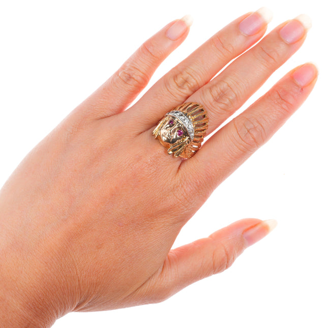 sz10 vintage 14k yellow gold diamond and ruby Indian Chief size 10 men's ring