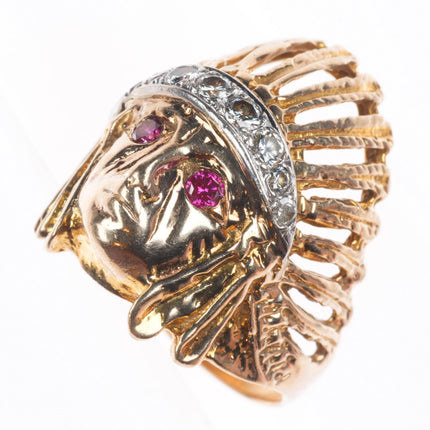 sz10 vintage 14k yellow gold diamond and ruby Indian Chief size 10 men's ring