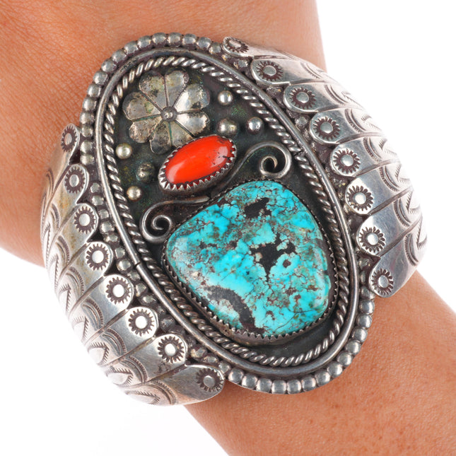 6.1" Roy Vandever Navajo sterling silver vintage coral/turquoise cuff bracelet