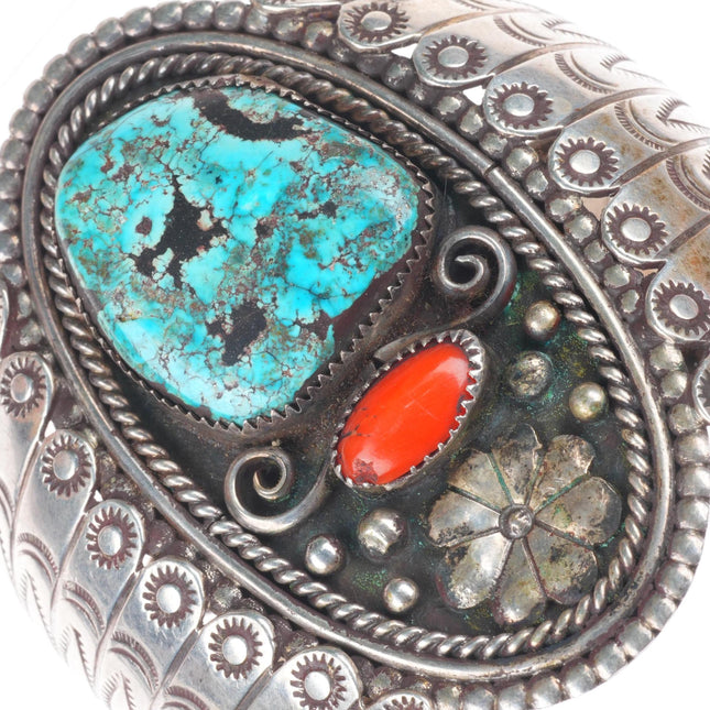 6.1" Roy Vandever Navajo sterling silver vintage coral/turquoise cuff bracelet