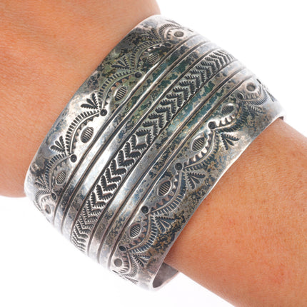 6.5" Patrick Yellowhorse deep stamped sterling silver wide band cuff bracelet