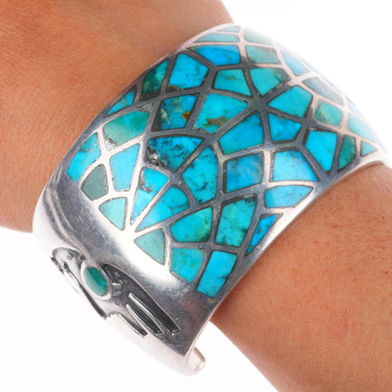 6.6" Big Vintage Navajo sterling silver domed turquoise inlay cuff bracelet