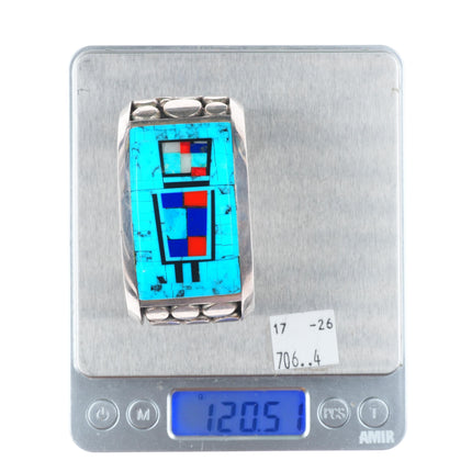 6.25" Jim Robinson Southwest sterling silver turquoise inlaid Yei cuff bracelet