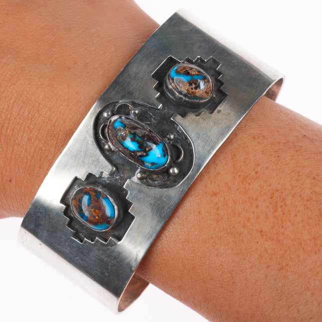 7" Vintage Navajo Bisbee Turquoise sterling silver 3 stone cuff bracelet