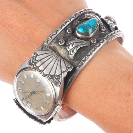 7.2" Vintage Navajo Bisbee turquoise sterling silver watch cuff bracelet