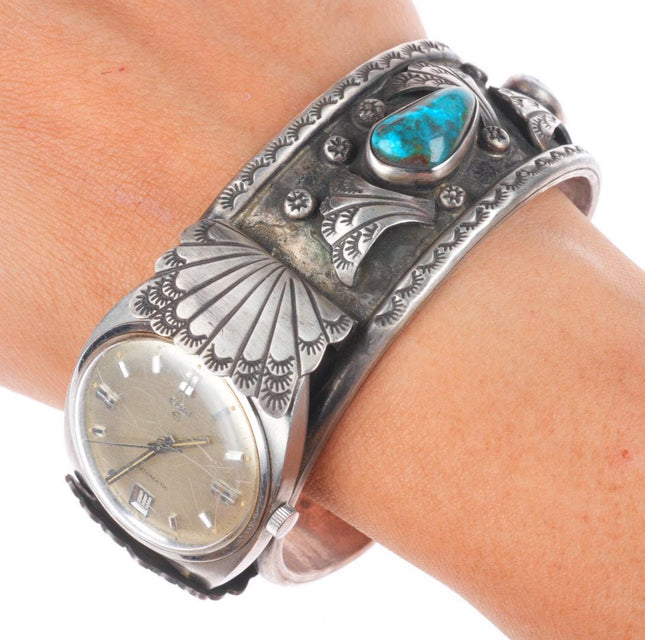 7.2" Vintage Navajo Bisbee turquoise sterling silver watch cuff bracelet