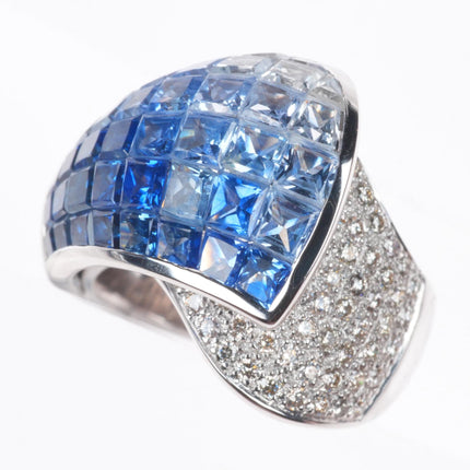sz5 14k white gold Blue White Invisible Sapphire Diamond cocktail ring