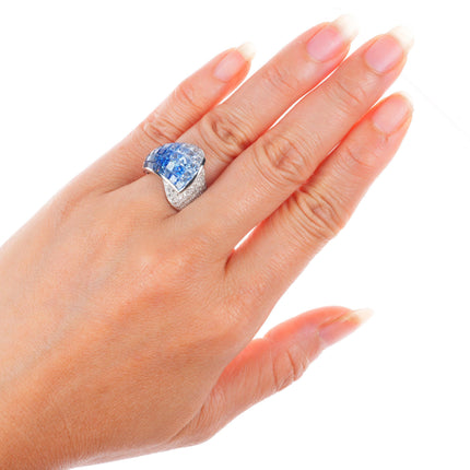 sz5 14k white gold Blue White Invisible Sapphire Diamond cocktail ring