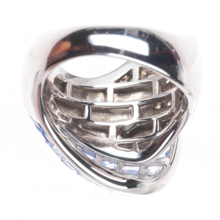 sz5 14k white gold Blue White Invisible Sapphire Diamond cocktail ring