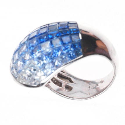 sz5 14k white gold Blue White Invisible Sapphire Diamond cocktail ring