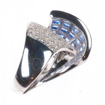 sz5 14k white gold Blue White Invisible Sapphire Diamond cocktail ring
