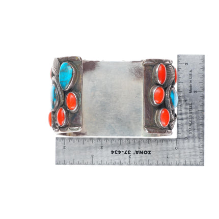 7.5" Bisbee Turquoise/Coral Zuni snakes sterling silver watch cuff bracelet