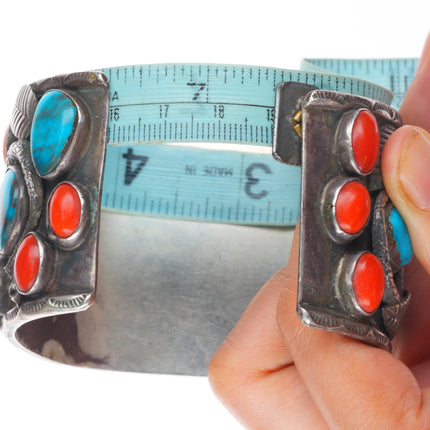 7.5" Bisbee Turquoise/Coral Zuni snakes sterling silver watch cuff bracelet
