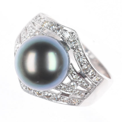 sz7 Estate 18k white gold, diamond, large Tahitian pearl cocktail ring