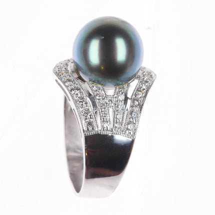 sz7 Estate 18k white gold, diamond, large Tahitian pearl cocktail ring