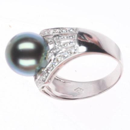 sz7 Estate 18k white gold, diamond, large Tahitian pearl cocktail ring