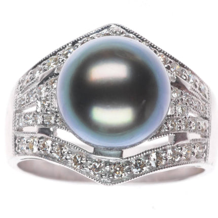 sz7 Estate 18k white gold, diamond, large Tahitian pearl cocktail ring