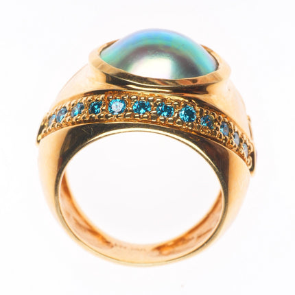 sz5.5 18k yellow gold, blue Diamond, Sapphire, mabe pearl cocktail ring
