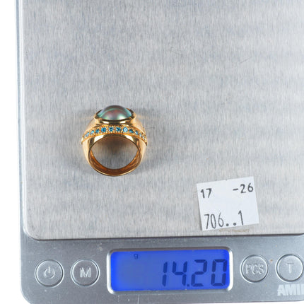 sz5.5 18k yellow gold, blue Diamond, Sapphire, mabe pearl cocktail ring