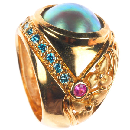 sz5.5 18k yellow gold, blue Diamond, Sapphire, mabe pearl cocktail ring