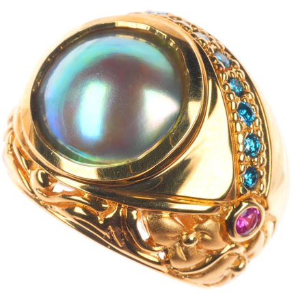 sz5.5 18k yellow gold, blue Diamond, Sapphire, mabe pearl cocktail ring