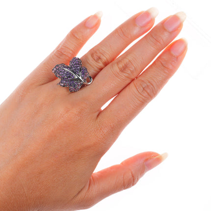 sz5 18k white gold pink Tourmaline and Purple Amethyst naturalistic leaf ring