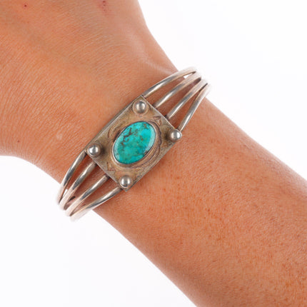 6.25" c1940's Navajo sterling silver turquoise pulled wire cuff bracelet