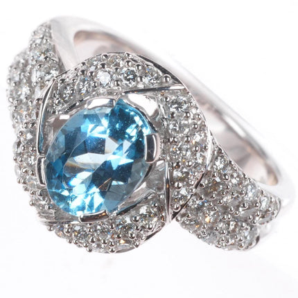 sz5 14k white gold Diamond shank ring with 2ct blue topaz