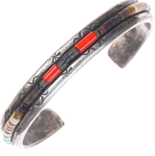 6.1" Pete Sierra Navajo sterling silver heishi shell/turquoise bead inlaid cuff bracelet