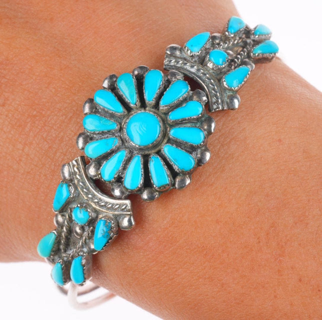 6.25" Vintage Zuni sterling silver turquoise cluster slim cuff bracelet