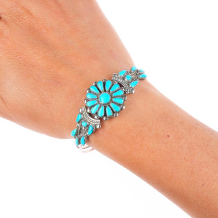 6.25" Vintage Zuni sterling silver turquoise cluster slim cuff bracelet