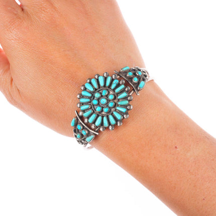 6.2" Vintage Zuni sterling silver turquoise petit point cluster cuff bracelet