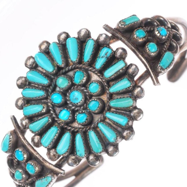 6.2" Vintage Zuni sterling silver turquoise petit point cluster cuff bracelet