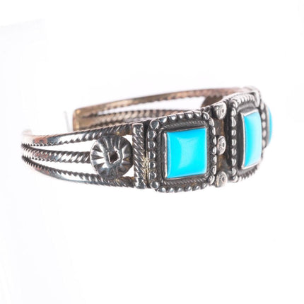 7" 1930's Navajo Sleeping Beauty turquoise sterling silver 3 stone cuff bracelet