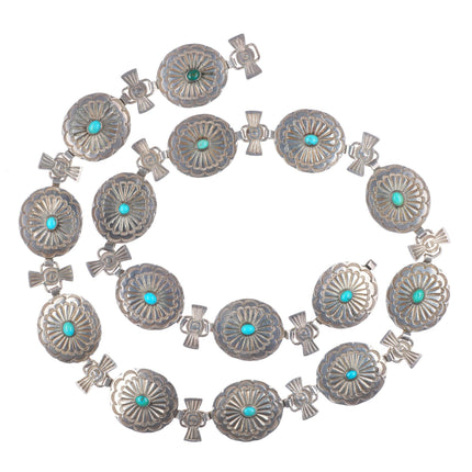 27" c1940 Navajo sterling silver stamped butterfly concho Hatband/belt turquoise