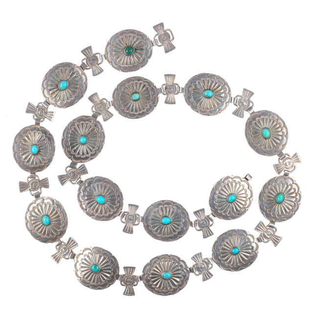 27" c1940 Navajo sterling silver stamped butterfly concho Hatband/belt turquoise